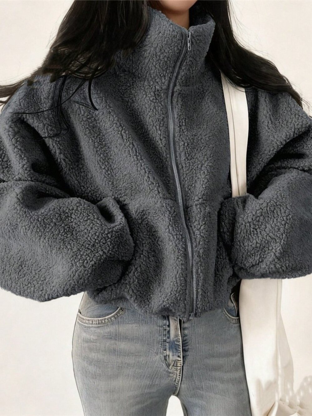 Grey Casual Women's Elegant Pocket Zip-Up Short Jacket